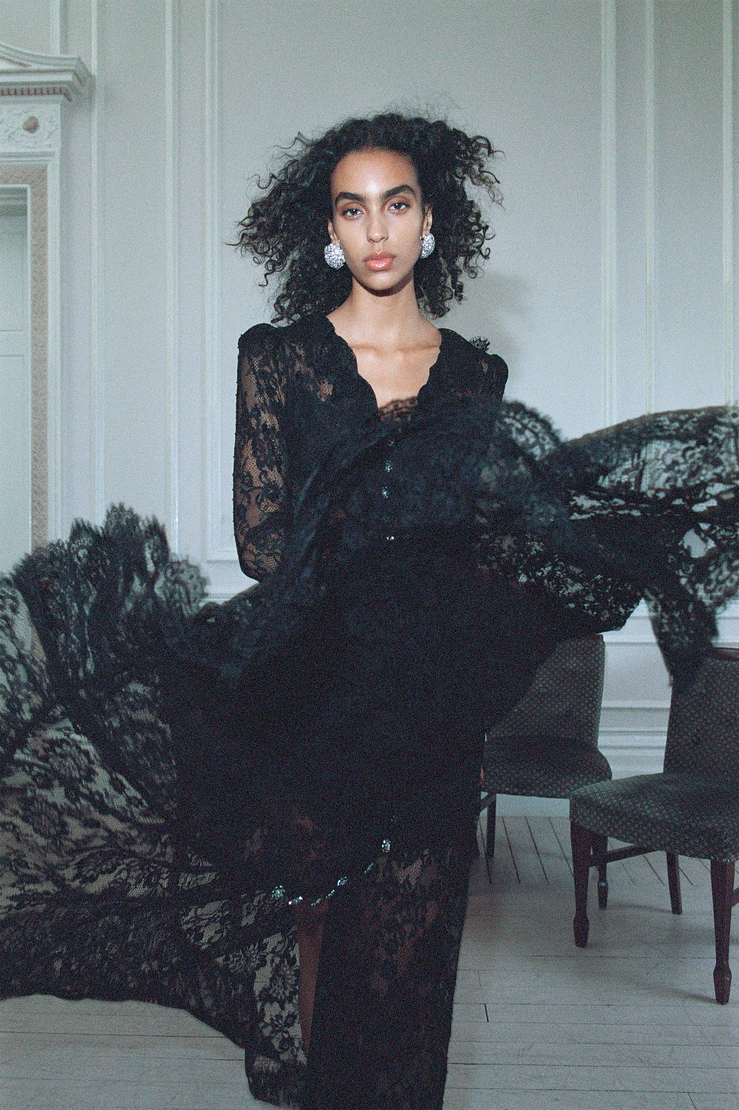 Black Lace Ruffle Maxi Dress