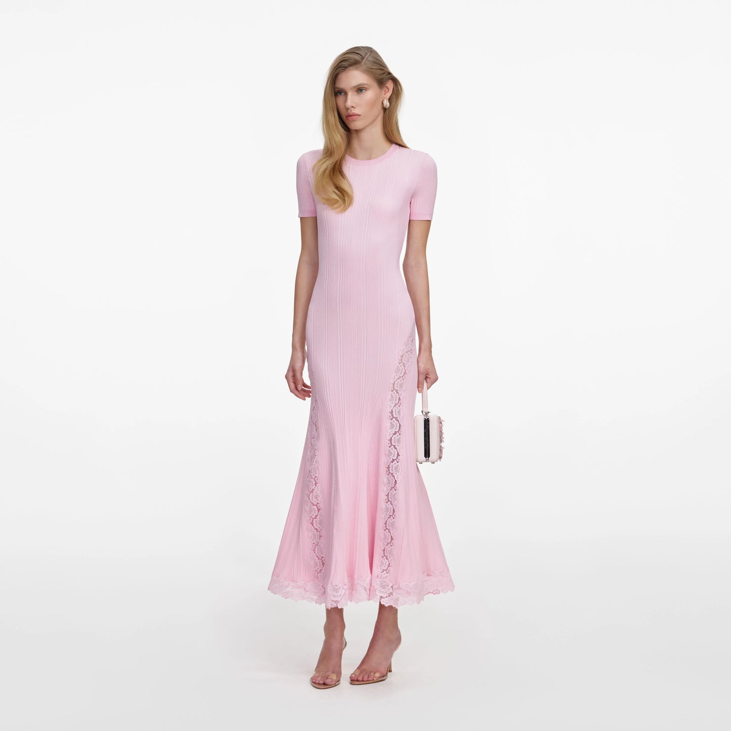 Pink Knit Lace Insert Midi Dress