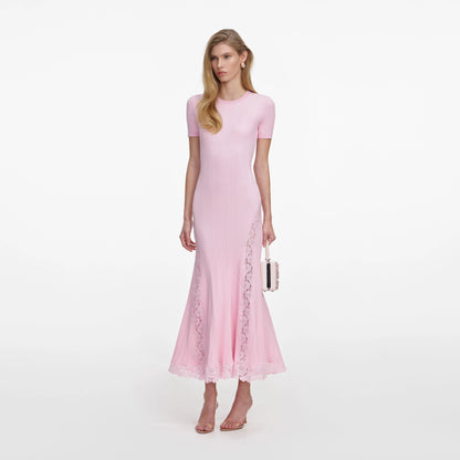 Pink Knit Lace Insert Midi Dress