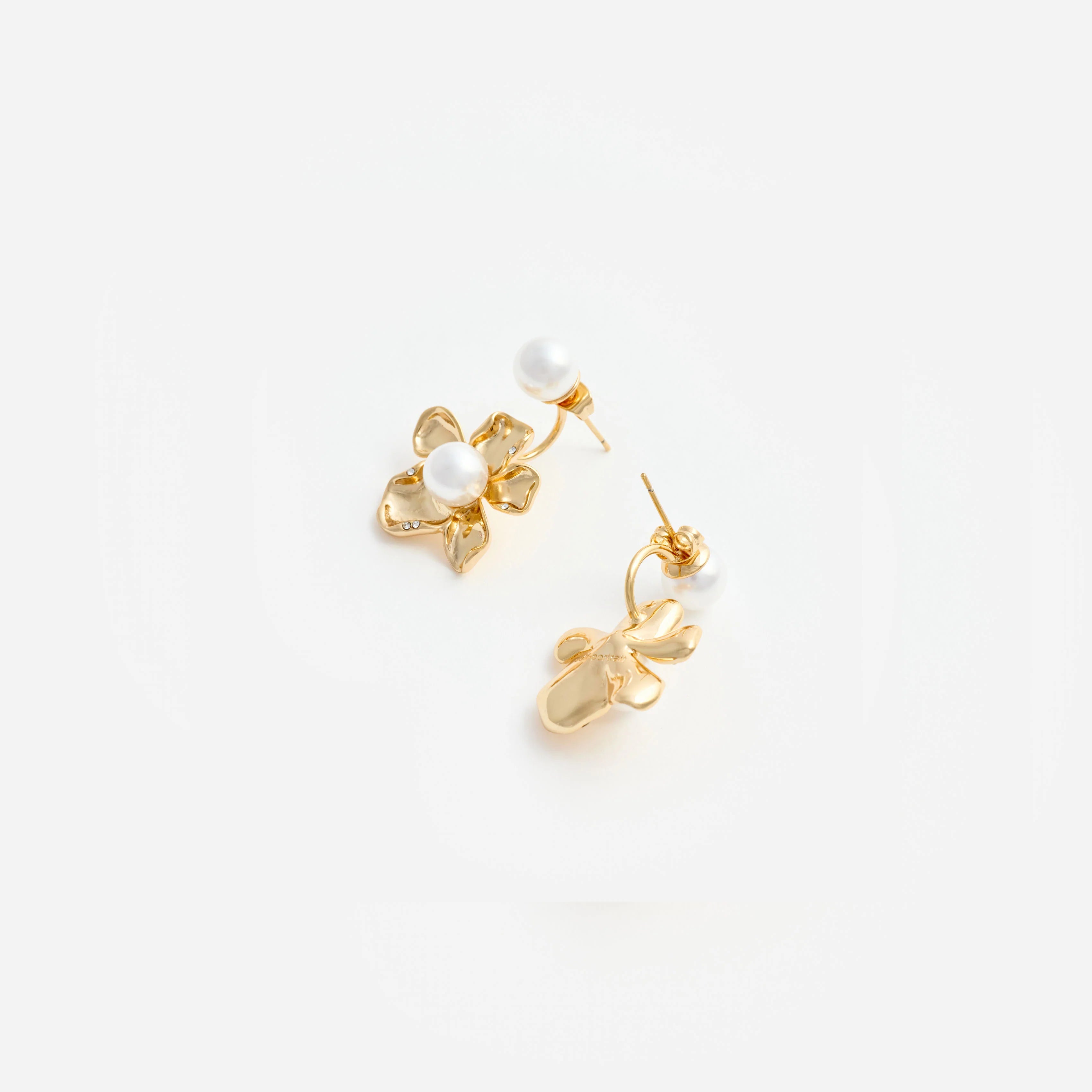 Gold Flower Pearl Jacket Earrings