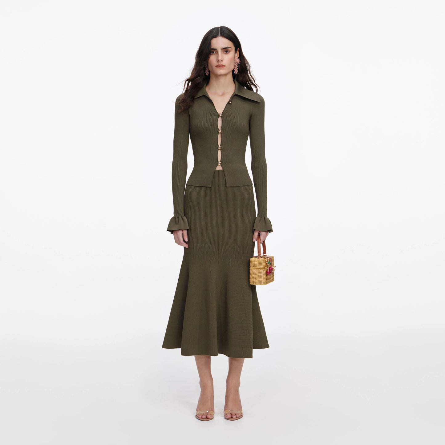 Khaki Knit Midi Skirt