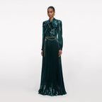 Green Metallic Tie Neck Maxi Dress