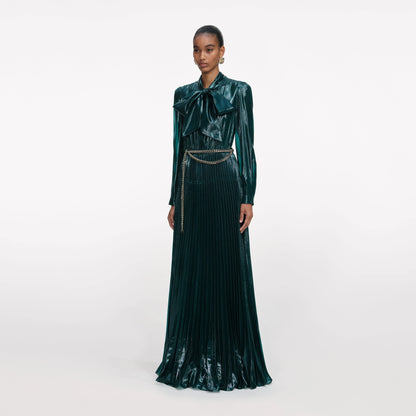 Green Metallic Tie Neck Maxi Dress