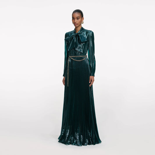 Green Metallic Tie Neck Maxi Dress