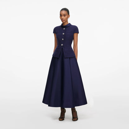 Navy Boucle Taffeta Midi Dress