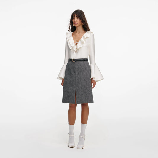 Grey Herringbone Midi Skirt