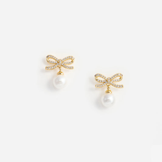 Gold Bow Pearl Earrings