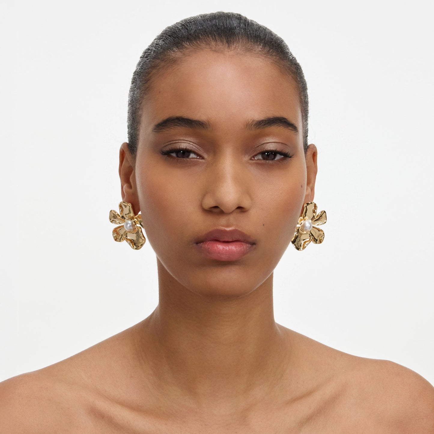 Gold Pearl Flower Earrings