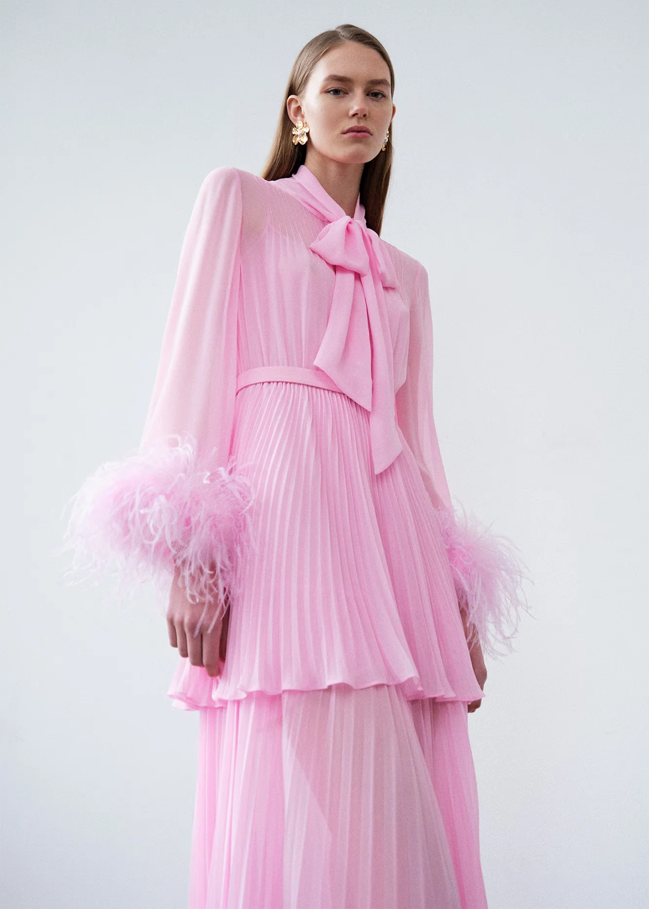 Pink Georgette Feather Cuff Maxi Dress