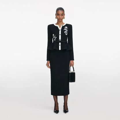 Black Floral Textured Knit Midi Dress