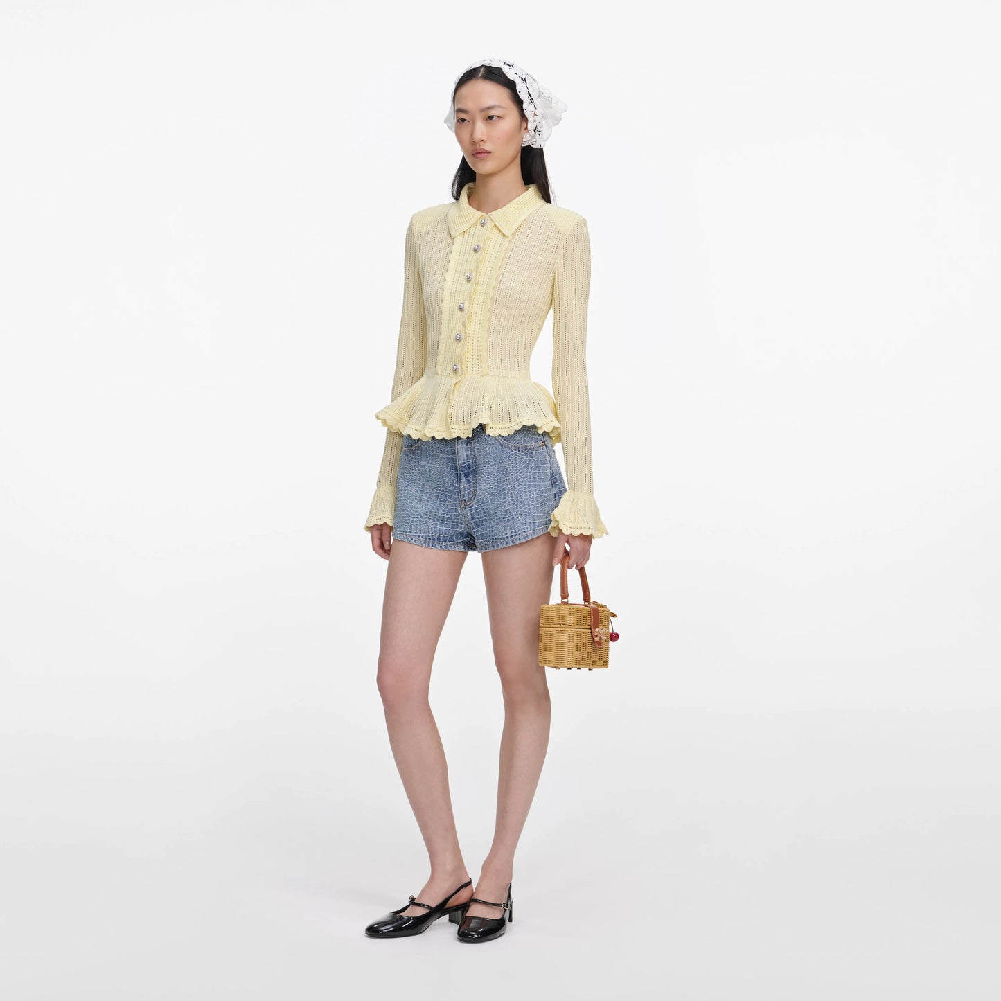 Rhinestone Croc Effect Denim Shorts