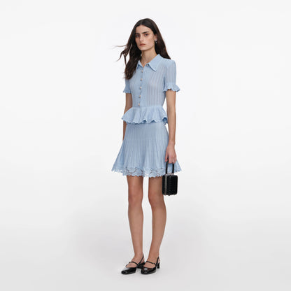 Blue Pointelle Peplum Knit Mini Dress