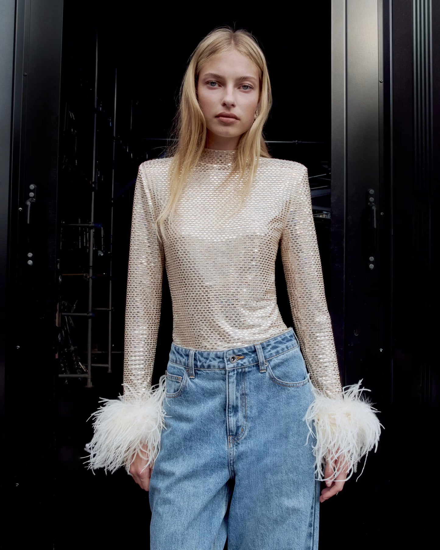 Champagne Rhinestone Feather Top