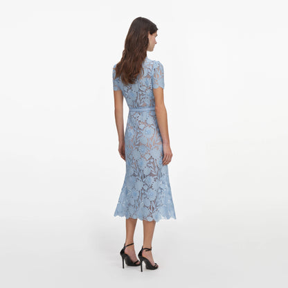 Blue Lace Tie Neck Midi Dress