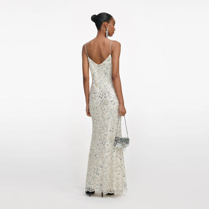 Cream Floral Sequin Maxi Dress