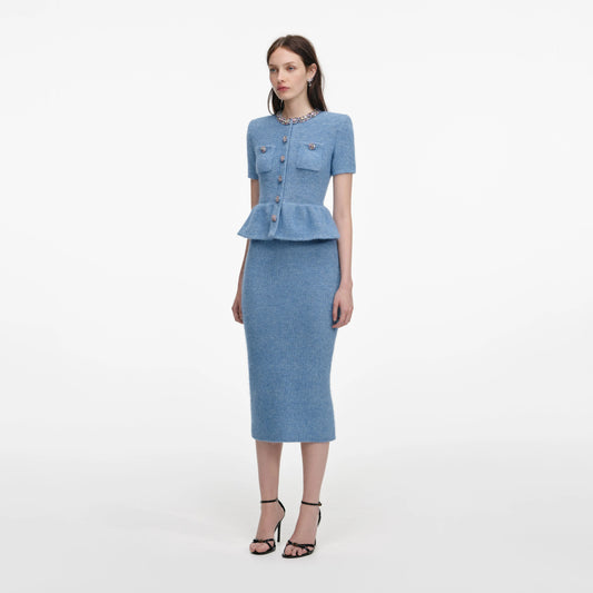 Blue Peplum Knit Midi Dress