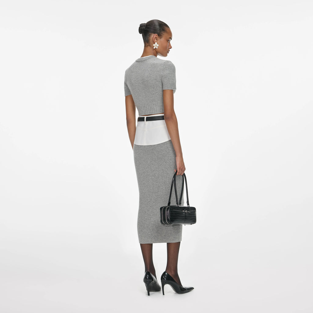 Grey Knit Denim Insert Midi Skirt