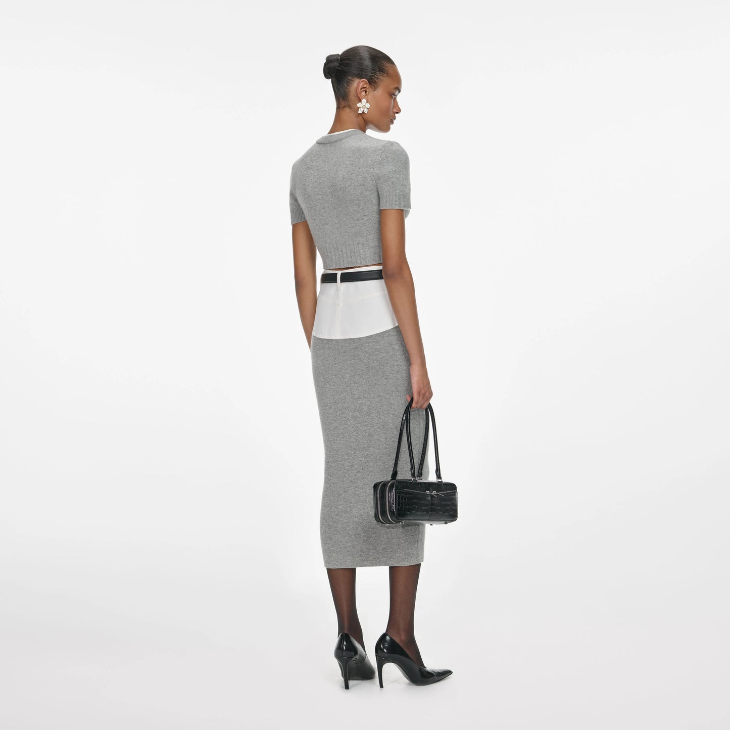 Grey Knit Denim Insert Midi Skirt