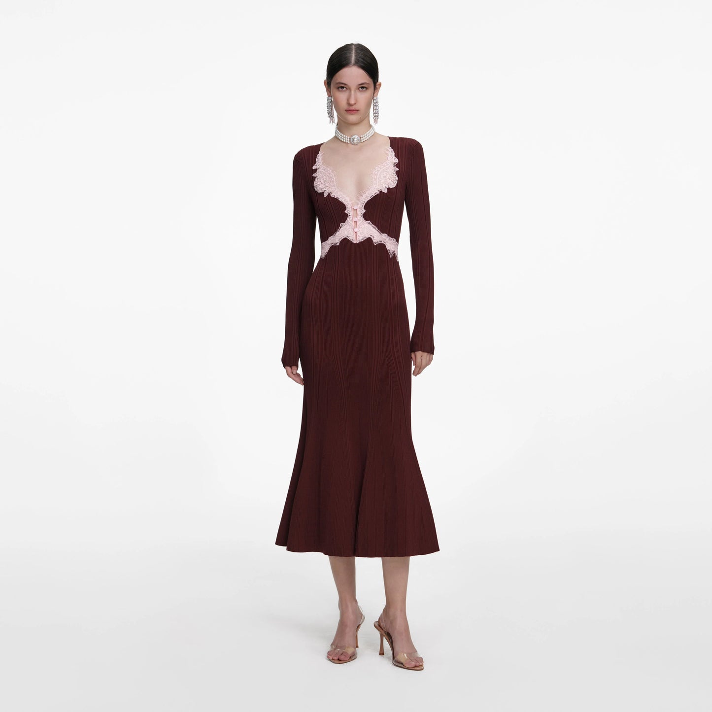 Brown Contrast Lace Knit Midi Dress