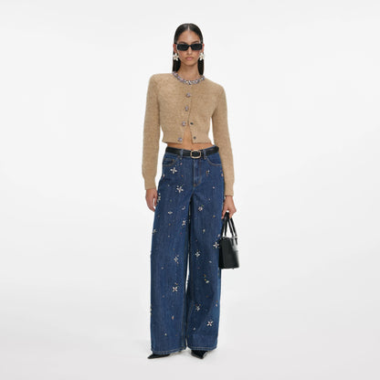 Blue Embellished Wide Leg Jeans