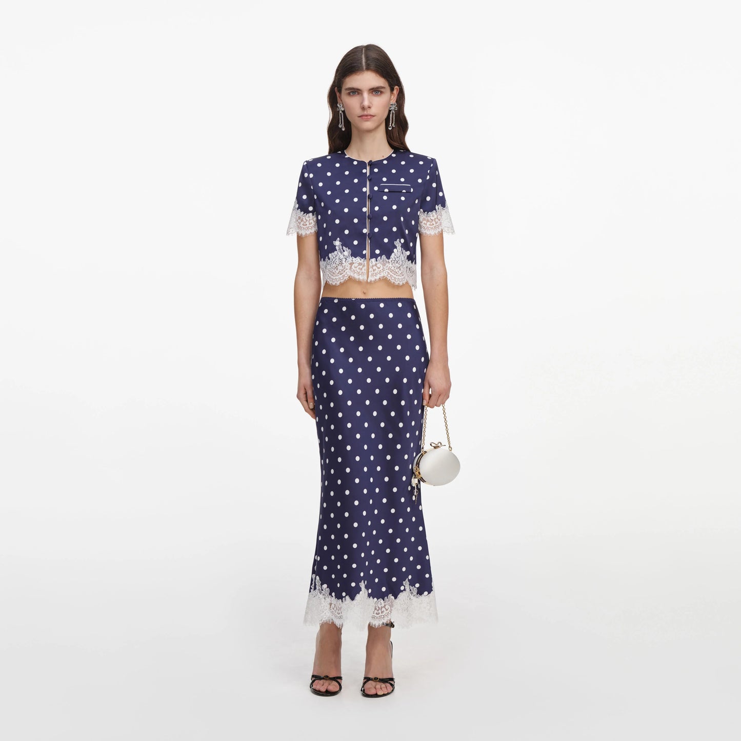 Navy Polka Dot Satin Midi Skirt