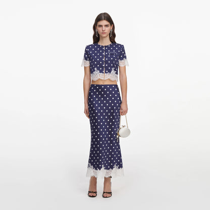 Navy Polka Dot Satin Midi Skirt