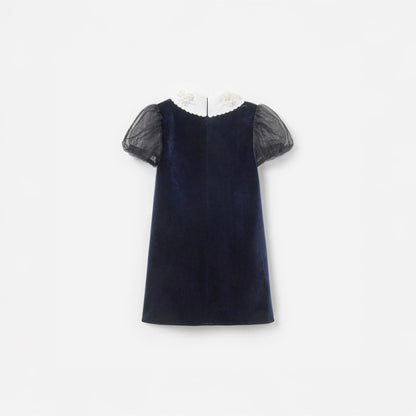 Navy Velvet Tulle Flower Trim Dress