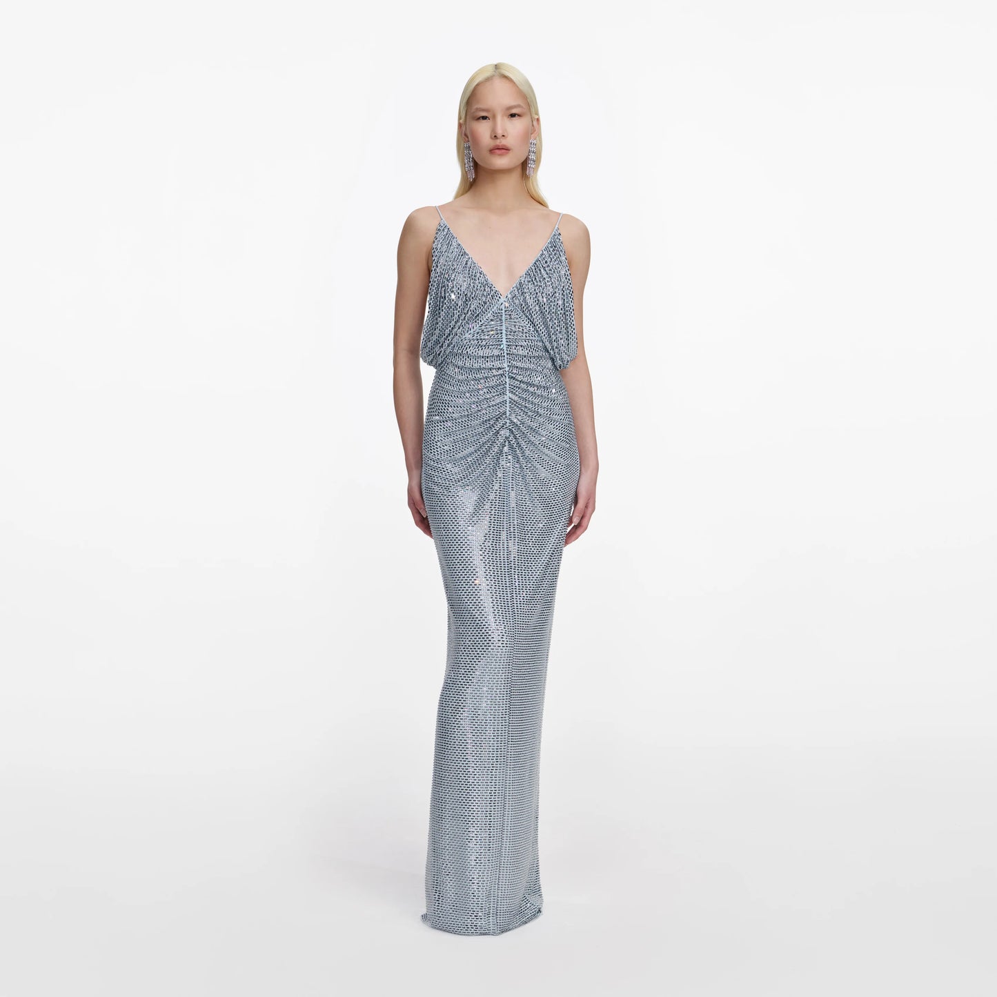 Blue Rhinestone Mesh Maxi Dress