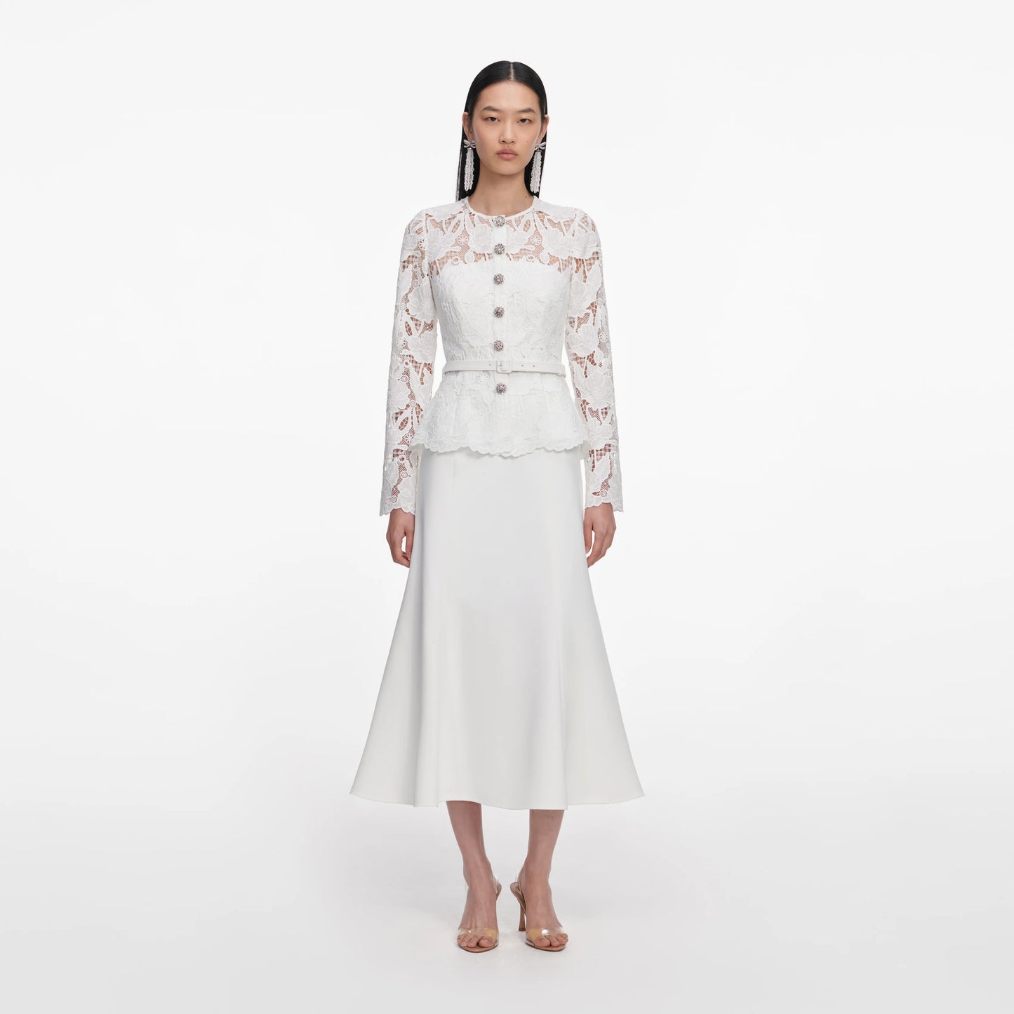 White Lace Crepe Midi Dress