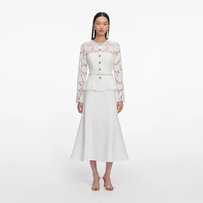 White Lace Crepe Midi Dress