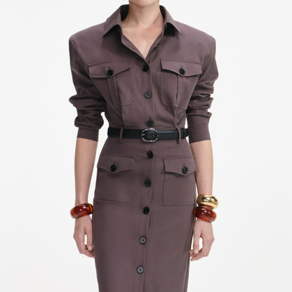 Brown Cotton Belted Midi Dress