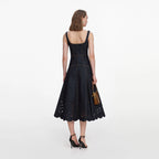 Indigo Denim Bow Embroidered Midi Dress