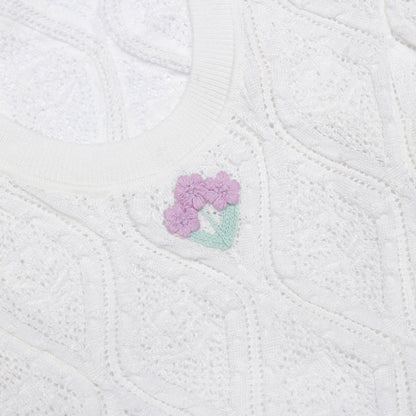 White Pointelle Embroidered Knit Mini Dress