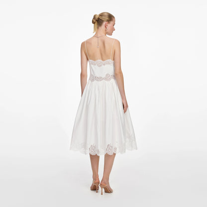 White Cotton Lace Trim Midi Dress