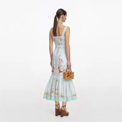 Mint Floral Linen Midi Dress