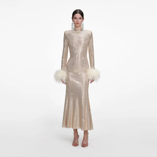 Champagne Rhinestone Feather Midi Dress