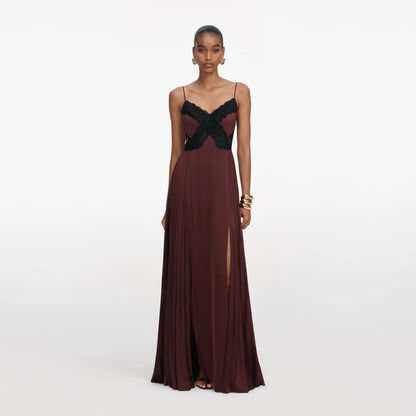 Brown Satin Lace Maxi Dress