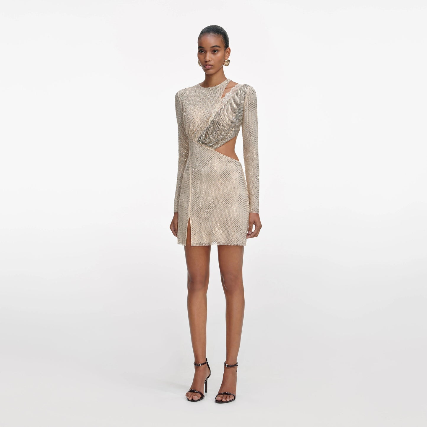 Champagne Rhinestone Lace Trim Mini Dress