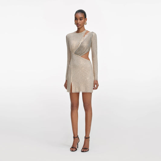 Champagne Rhinestone Lace Trim Mini Dress