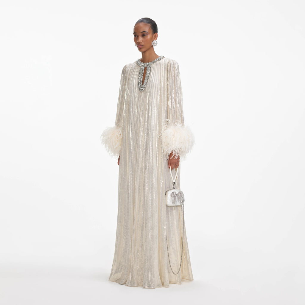 Gold Metallic Feather Maxi Dress