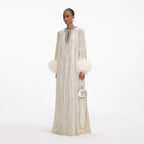 Gold Metallic Feather Maxi Dress