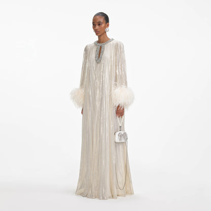 Gold Metallic Feather Maxi Dress