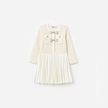 Cream Sequin Knit Bow Trim Dress