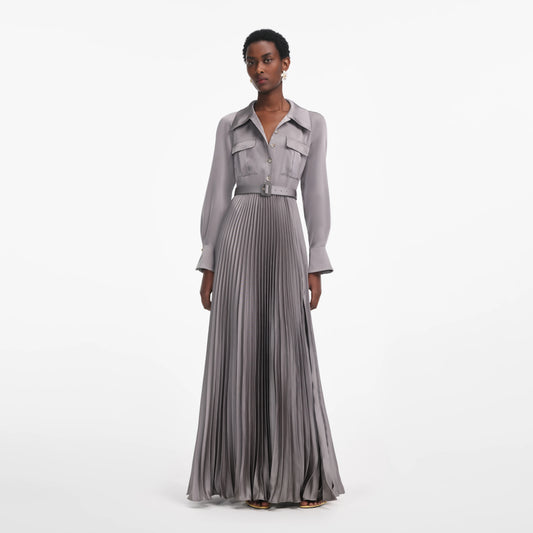 Grey Satin Pleated Maxi Dress