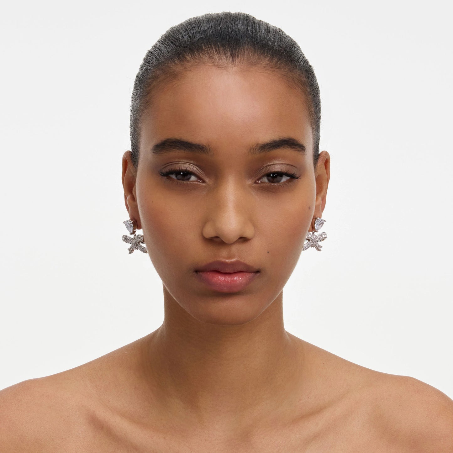 Crystal Heart Bow Drop Earrings