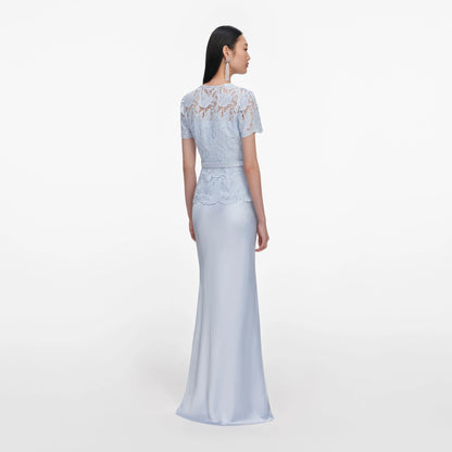 Blue Lace Satin Maxi Dress