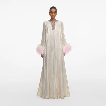 Champagne Metallic Ombre Feather Maxi Dress