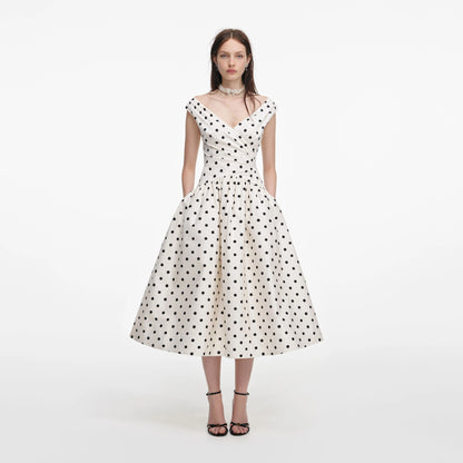 Cream Polka Dot Cotton Midi Dress