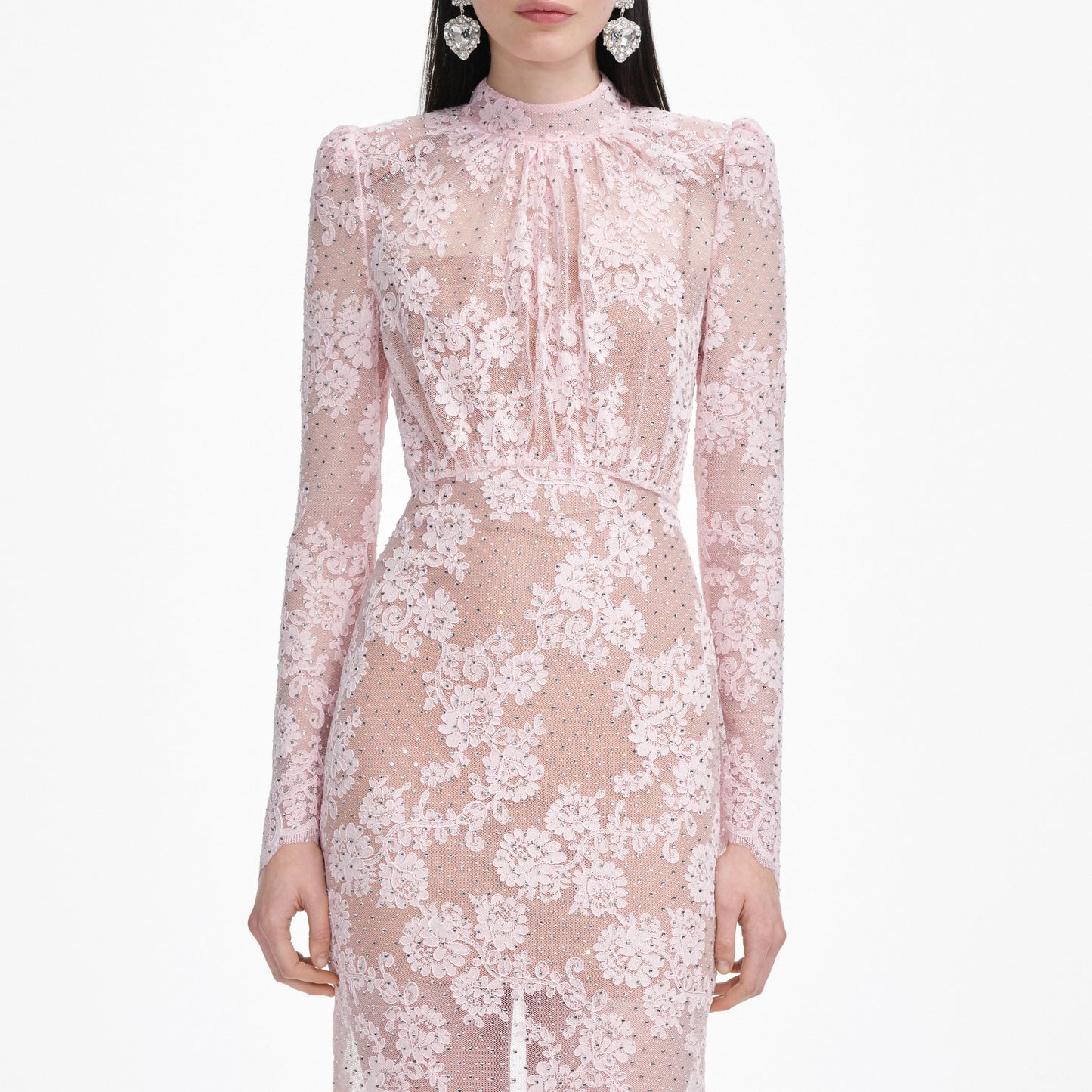 Pale Pink Rhinestone Lace Maxi Dress
