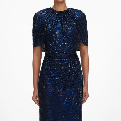 Navy Rhinestone Cape Sleeve Midi Dress